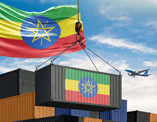 Ethiopian Cargo: A symbolic depiction of international trade with the flag of Ethiopia adorning a container being lifted by a crane.