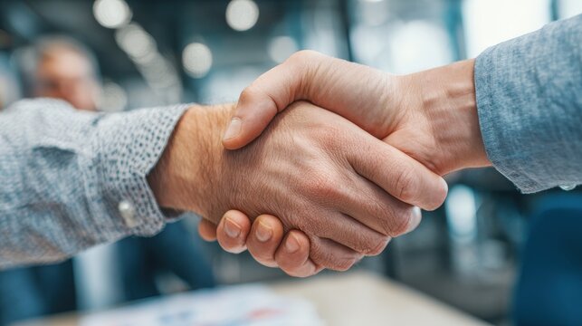 A realtor shakes hands with a man in his office