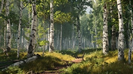 Birch grove in the sunlight. Trunks with white bark and green leaves. A spring or summer landscape.