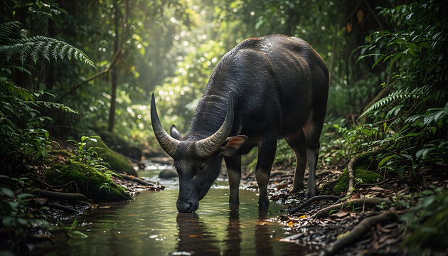 A lowland Anoa or wild buffalo (Bubalus) bending down to drink water from a small, clear river in the middle of a dense tropical rainforest.