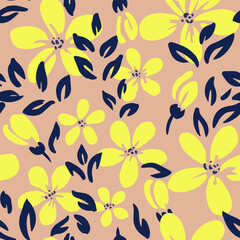 Seamless vector floral pattern with bright yellow abstract flowers and navy leaves on a soft beige background. Modern, bold, and elegant design for textiles, decor, and packaging