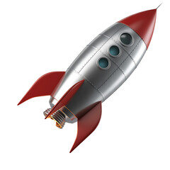 Retro silver and red toy rocket ship with fins and windows isolated on transparent background