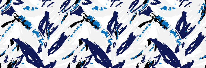 Seamless vector abstract pattern with expressive brush strokes in navy blue, black, and gray on white. Modern artistic texture for fabric, wallpaper, packaging, and decor design