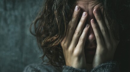 A sorrowful woman hides her face weeping amid grief and despair