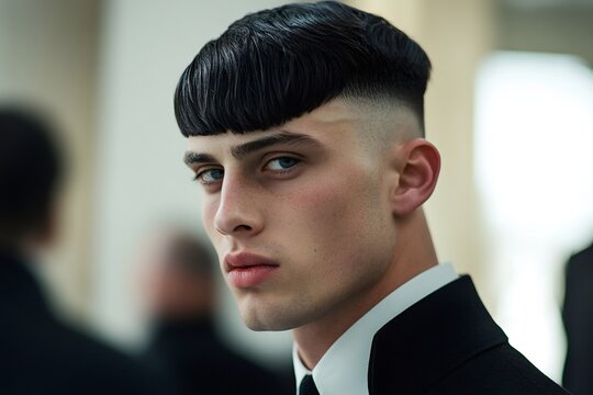 Young man posing, showcasing a modern haircut with short fringe and low fade. Stylish dark hair framing a defined face