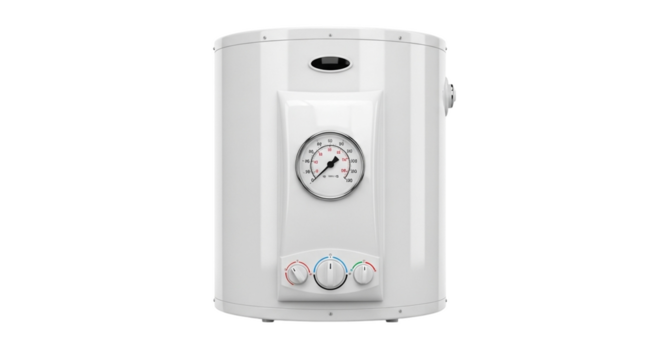 White Water Heater with Thermometer and Control Knobs on Black Background (23) graphic
