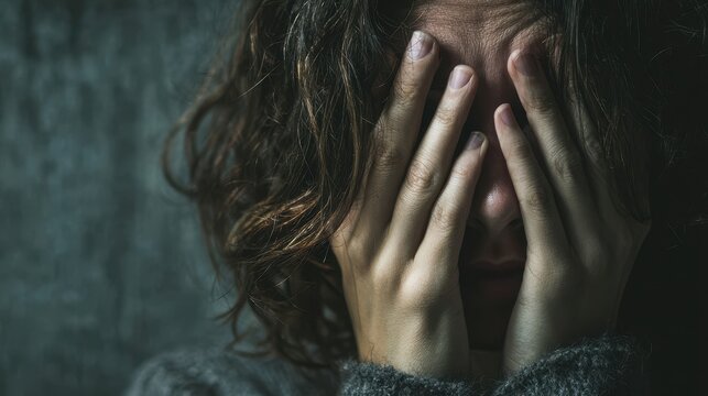 A sorrowful woman hides her face weeping amid grief and despair