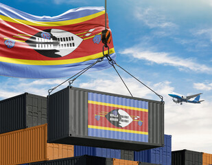 Eswatini Export: A vibrant depiction of international trade, showcasing a container emblazoned with the Eswatini flag being lifted, symbolizing the movement of goods in a globalized world.