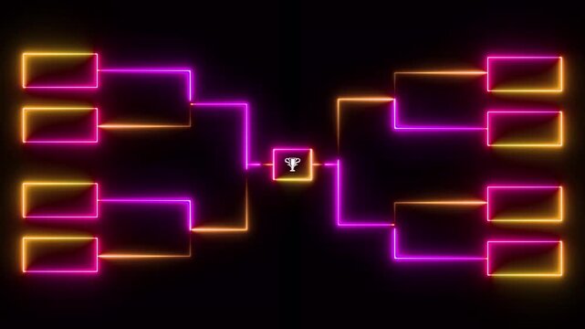 Animation of neon glowing team Tournament bracket templates isolated on black background. Championship bracket schedule for soccer, football, basketball, baseball or tennis.