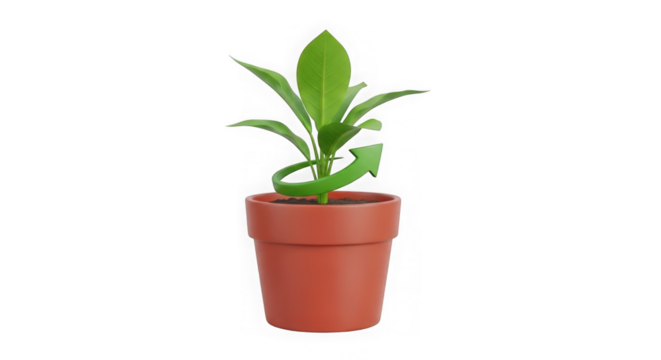 Sustainable Growth Potted Plant With Upward Green Arrow - Powered by Adobe