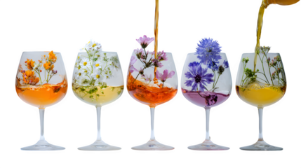 Floral Infused Drinks in Wine Glasses, isolated on transparent background