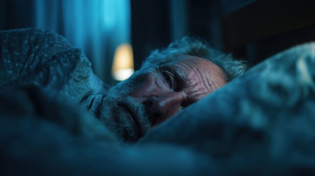 An elderly man is unable to sleep in bed due to insomnia
