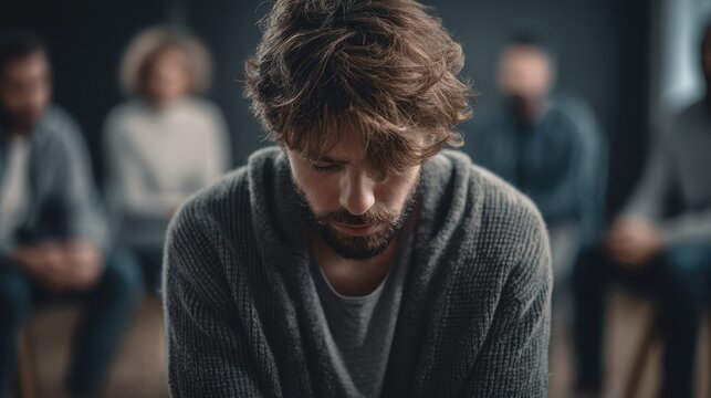 Alcoholic man in rehab supported by a group has open space around him