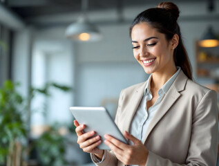 Happy Businesswoman Working on Tablet in Modern Office with Plants, Focused on Digital Tasks, Smiling, Professional.