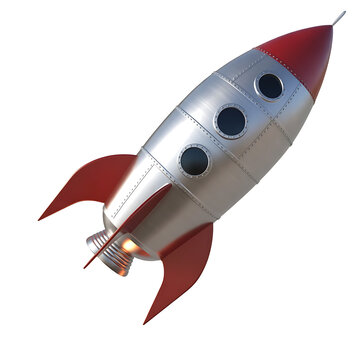 Retro silver and red toy rocket ship with three circular windows isolated on transparent background