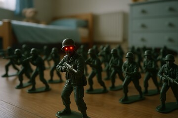 Obraz premium Menacing Toy Soldier with Glowing Red Eyes in a Child's Room