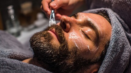 Naklejka premium At the spa an attractive man receiving a facial