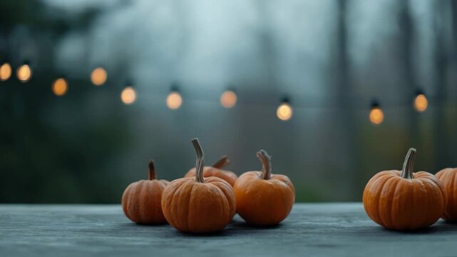 Small pumpkins on a wooden table, cozy autumn ambiance with blurred lights, Thanksgiving season gathering with nature backdrop