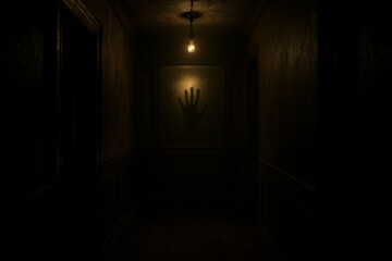 Eerie Handprint on Glass in Dark Haunted Hallway