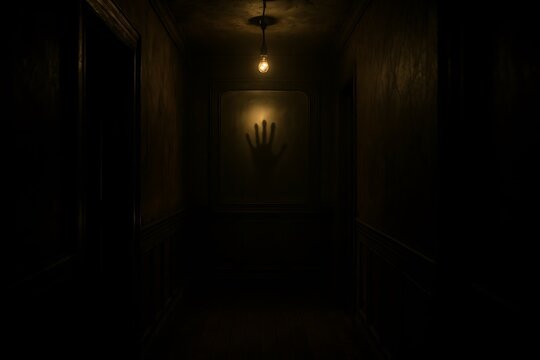 Eerie Handprint on Glass in Dark Haunted Hallway