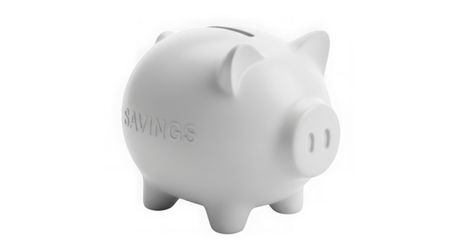 White Piggy Bank With Savings Text On Black Background