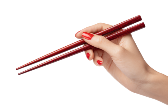 Hand holding a pair of red wooden chopsticks - Powered by Adobe