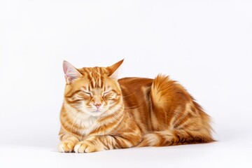 Relaxing Ginger Tabby Cat with Eyes Closed on White Background