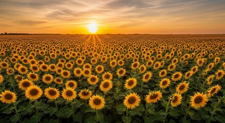 Fototapeta premium Sunflower Field at Sunset Golden Bloom Landscape Under a Warm Horizon