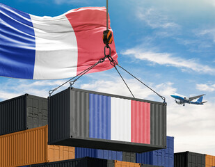 Franco-Trade: An overhead crane lifts a French-themed container with the flag of France towards the sky, showcasing the country's involvement in international commerce.