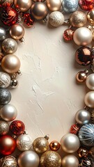 Elegant holiday ornaments on a textured background.