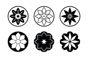 Fototapeta premium Collection of Six Black and White Flower Vector Illustrations in Simple Geometric Design, Round Frames, Isolated on White Background 