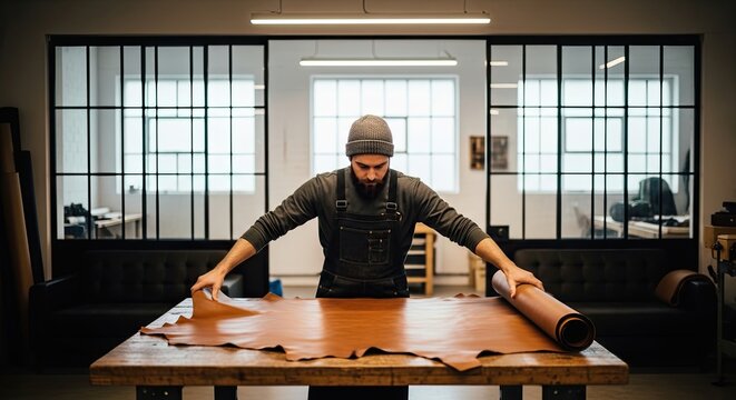 A bearded craftsman in a beanie and overalls unrolls a large piece of brown leather on a wooden workbench in his modern, industrial-style workshop