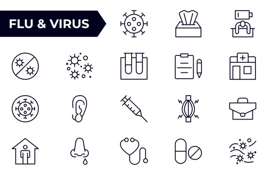 Flu and Virus Icon Set. An essential collection of icons designed to promote health awareness, perfect for enhancing medical materials, educational content, and public health campaigns.