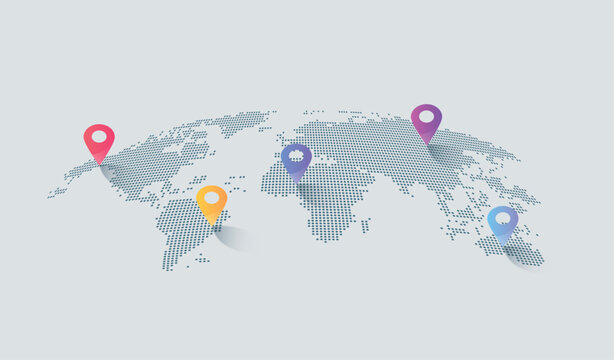 World map dotted network with colorful location pins