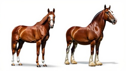 Two Chestnut Horses Standing Side-by-Side - Isolated on White