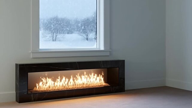 Cool to warm shift minimalist interior fire intensifying snowfall through floor to ceiling window empty black marble shelf for text. Concept of serene winter sophistication