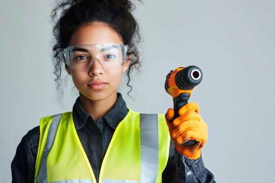 Young woman wearing safety glasses, high visibility vest, and work gloves, holding a power drill with a direct gaze