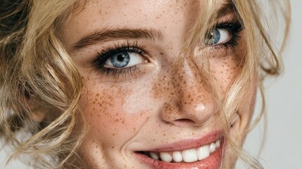 Blonde woman with blue eyes and flawless skin smiling and sporting freckles