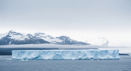 A majestic tabular iceberg floats serenely in the cold polar ocean, with a vast, snow-covered mountain range partially obscured by low clouds in the background