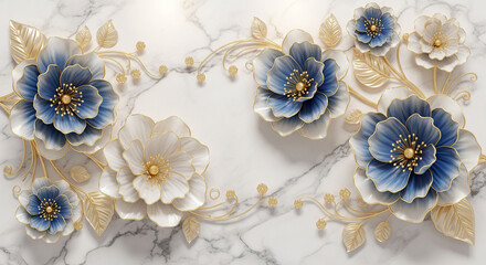 Luxurious Marble Background with 3D Sculpted Flowers, 3D Floral Wallpaper, 3D Wall Mural, 3D Floral Background.