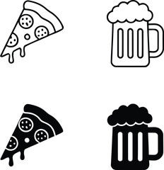 Pizza and beer icons set outline and silhouette styles