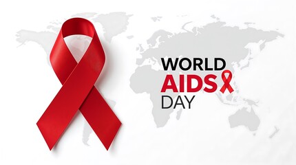 World aids day global awareness design featuring a large red ribbon symbol of HIV support over a world map background