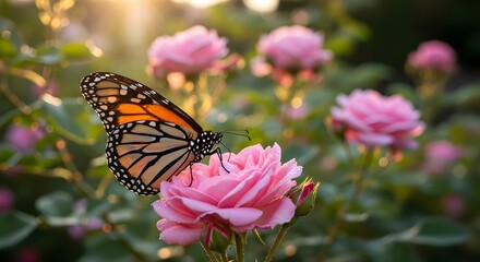 Majestic monarch butterfly with vibrant orange and black wings gracefully resting on a delicate pink rose bloom in a sunlit garden