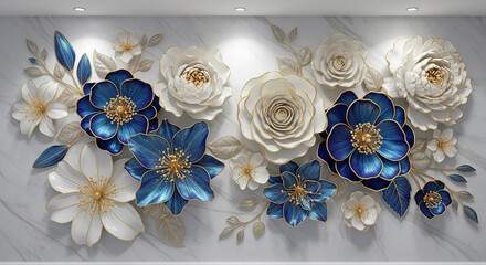 Luxurious Marble Background with 3D Sculpted Flowers, 3D Floral Wallpaper, 3D Wall Mural, 3D Floral Background.