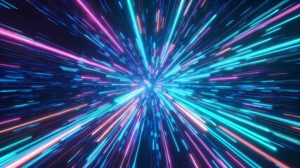 Neon blue and magenta light streaks radiating from central point with neon light tunnel radial motion streaks cyan magenta and orange converging toward vanishing point creating dynamic futuristic - Powered by Adobe