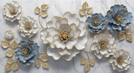 Luxurious Marble Background with 3D Sculpted Flowers, 3D Floral Wallpaper, 3D Wall Mural, 3D Floral Background.