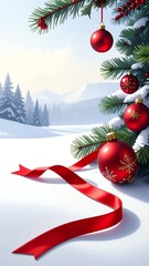 Festive Christmas tree with red ornaments and snow.