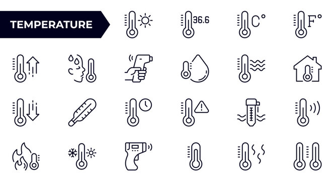 Temperature line icon set. Water and air temperature. Mercury, electronic, infrared thermometer. Oral, rectal, ear temperature. Outline icons collection. Series vector pictograms.