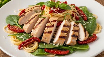 A delicious plate of Italian spaghetti topped with grilled chicken slices, fresh spinach, sun-dried tomatoes, and parmesan cheese