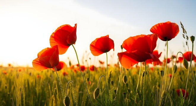 Vibrant red poppies bloom in a sunlit field of golden wheat